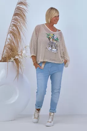 Leichtes Löcher-Shirt mit Sneaker-Print, beige