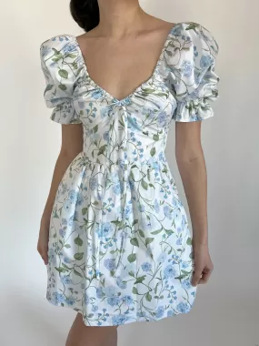 The Ophelia Mini Dress - Blue Peony Bouquet Cotton Sateen